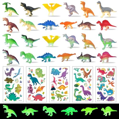 NVGVUP 29 Piezas Dinosaurios Juguetes, Brillan en la Oscuridad Dinosaurios Juguete, Pequeños Figuras de Dinosaurios Miniaturas Realistas, Mini Dinosaurios de Plástico, con 5 Dinosaurios Pegatinas