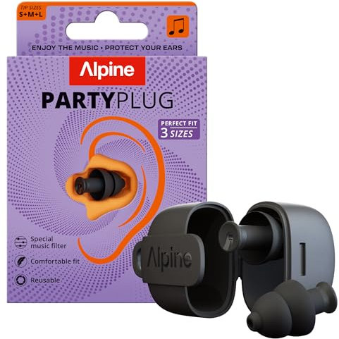 Alpine PartyPlug Bouchons d'Oreilles Concerts 19dB - Nouveau et Amélioré - Protection Auditive pour Festivals, Bouchons Réutilisables pour Musique & Raves, Son Haute Qualité - 3 Tailles (Noir)