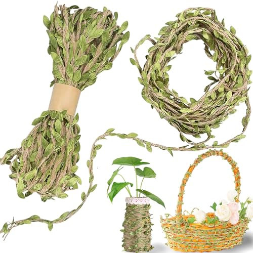 YIFLorine TANG Nastro a Foglia di Juta,20 Metri Corda di Canapa con Foglie Verdi Foglia Artificiali Foglie Decorative Verde Artificiali per Copricapo Fai Da Te,Ghirlanda,Festa di Nozze (2 Rotoli)