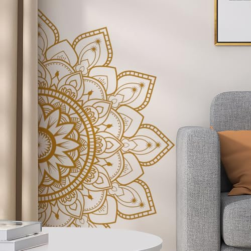 Runtoo Half Mandala Wall Decals Large Peel and Stick Gold Boho Lotus Floral Wall Decal for Living Room Bedroom Yoga Headboard India Decor