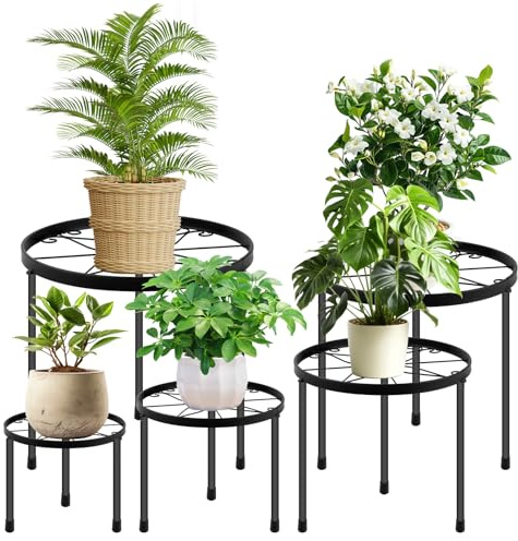 TOSAVGA 5 Stück Pflanzenständer Set, Blumenständer Metall Rund, Anti-Rost Blumenhocker Pflanzenregal, Pflanzenhocker für Innen Außen, Blumentisch für Haus & Garten Dekoration, Blumengestell