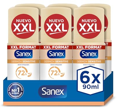 Sanex Dermo+ Sensitive Desodorante Antitranspirante Roll-On 72 Horas 90ml – protección eficaz contra el sudor y el mal olor –dermatológicamente testado – contiene 0% alcohol* – suave con piel sensible