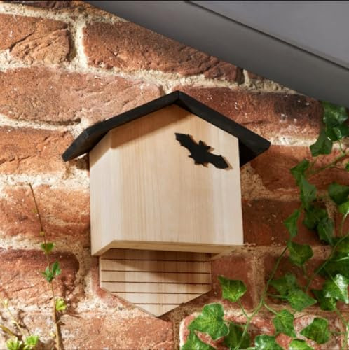 Wooden Bat Box with Black Roof, Garden Wildlife House, Outdoor Roosting Shelter