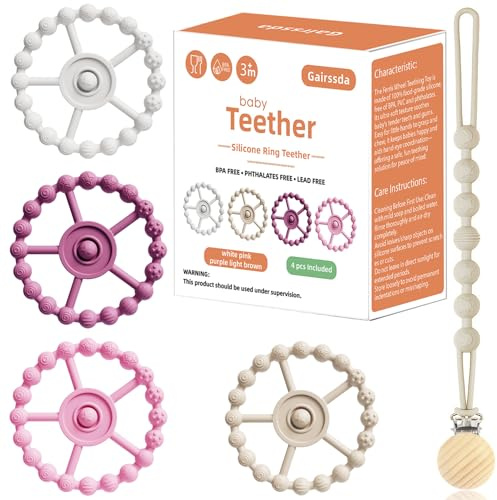 5 Pack Stylish Silicone Baby Teething Toys: 4 Teething Rings and Extra Silicone Clip, Teething Rings for Babies 0-6 Months 6-12 Months, Toddler Teether, Baby Essentials Girl, Infant Teething Relief