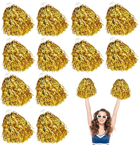 LIULINY 12 Pièces Cheerleading Pompons, Feuille Métallique Pompons de Pom Pom Girl avec Anneau Double Trou, Or Pompom Girl pour Evénements Sportifs, Fêtes, Spectacles sur Scène, Fêtes Festives