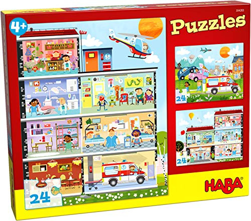 HABA 304283 - Puzzles Kleines Krankenhaus, Puzzle für Kinder ab 4 Jahren, 3 tolle Motive mit je 24 Puzzleteilen in einer Schachtel