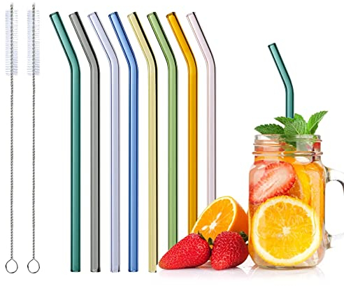 Wiederverwendbare Glas Strohhalme - 8 Bunte Trinkhalme Mit 2 Reinigungsbürsten für Cocktail Gläser, Smoothie und Säfte - Spülmaschinenfest