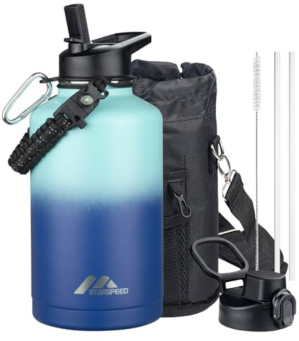 StarSpeed 64oz Insulated Water Bottle with Straws & 2 Lids, Half Gallon Stainless Steel Double Walled Vacuum Water Jug, Large Wide Mouth with Paracord Handle for Gym Camping Hiking, Green Blue