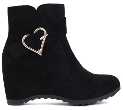2023 Nouvelles Bottines Avec Boucle Coeur Bottes Courtes Femme À Talon Compensé Booties Rétro En Daim Ankle Boots De Motard Automne-hiver Chaussures À Cheville De Soirée Bottes De Neige ( Color : Blac