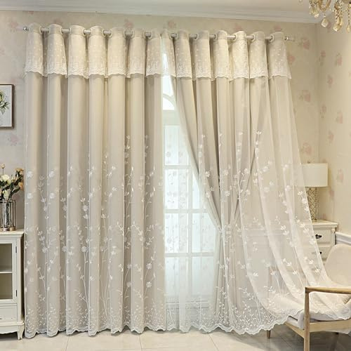 Amidoudou 1 Pair Double Layer Flower Curtains for Living Room Pastoral Style Flower and Branch Embroidered Curtains for Bedroom (Beige,66 x 90 Inch)