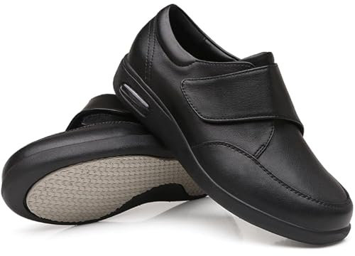 GYCF Chaussures Cuir,Hommes Chaussures Marche Diabète,Arthrite œdèmes Pieds Gonflés Chaussures Ajustables pour Personnes Âgées Chaussures de Bandage Pantoufles,Noir,43.5EU