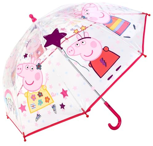 Peppa Pig Kids Clear Dome Umbrella – Children's Character Umbrella with Transparent See Through Canopy, Lightweight & Windproof School Rain Umbrellas for Boys & Girls | with Safety Opening