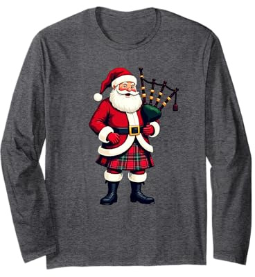 T-shirt de Noël Père Noël écossais jouant à la cornemuse Manche Longue