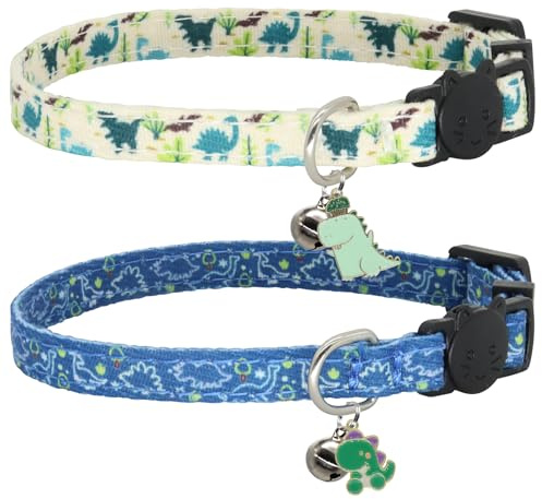 Cat Collar Breakaway, 2 Pack Cotton Kitten Collars with Bells and Removable Charms, Cute Dinosaurs Shaped for Indoor Boy, Girl and Adult Cats