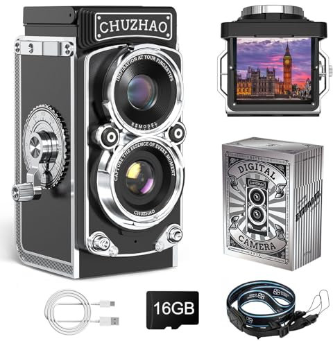 CHUZHAO Retro Digital Camera, Mini Vintage TLR Camera with Waist-Level Viewfinder, 1080P FHD Video 12MP Autofocus Vlogging Cameras with Black & White Filter 16GB Card for Beginners Adults Teens Kids
