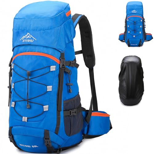 Lawaia Sac à dos de randonnée 60 L pour voyage, grand sac de camping pour homme et femme, léger, étanche avec housse de pluie, idéal pour la marche, la randonnée, l'escalade, la pêche, bleu, L
