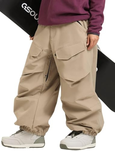 GSOU SNOW Mens Baggy Snowboard Trousers Cargo Oversized Snow Pants Khaki