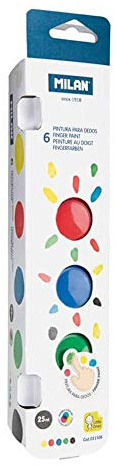 MILAN 64106 Låda med 6 Burkar Fingerfärg, blandade färger, 25 ml