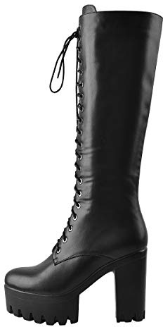 Only maker Women's Lace Up Knee High Boots Platform Chunky Heeled Long Boots