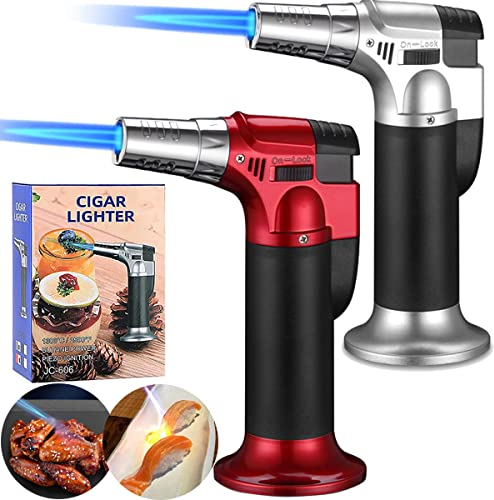 2 Stück Küchenbrenner Flambierbrenner, Bunsenbrenner Nachfüllbarer Creme Brulee Brenner mit Sicherheitsschloss für die Küche Gebäck Desserts Camping (Butan nicht inbegriffen)(Silber/Rot)