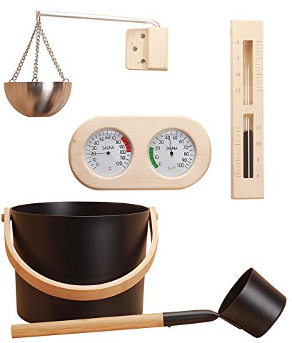 Yiida Kit di Secchi per Sauna, Set di per Sauna, per Spa per Sauna, Secchio in Alluminio per Sauna con Mestolo/Clessidra/termometro, Igrometro/Kit Tazza per Olio per Aromaterapia