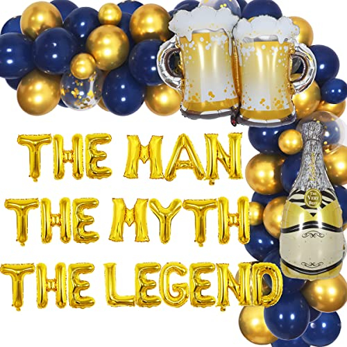 Mannen Myten Legenden Födelsedagsdekorationer Svart och guld ballonggirland kit Banner för pensionering Festdekorationer, Ölflaska Ballong Pappa Far Festdekor Herr Vintage