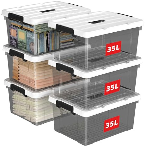 Cetomo 35L*6 Caja de Almacenamiento con Asa, Caja de Plástico con Tapa y Cierre Seguro, Contenedor de Almacenamiento Grande, Duradera, Apilable, Resistentes, Negro Transparente, Paquete de 6 de 35L