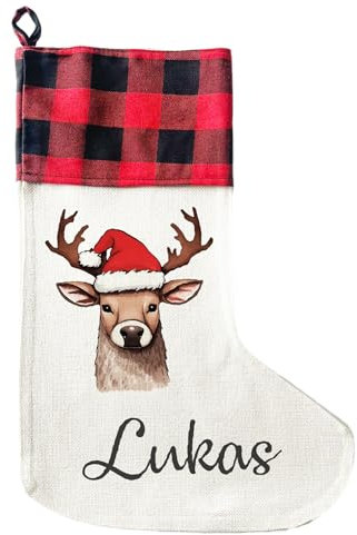 LIEBTASTISCH - Personalisierte Weihnachtssocken - 40cm x 30cm - Weihnachtsstrumpf zum Nikolaus oder Weihnachten - Namen - Geschenkbeutel - Nikolausstiefel zum Aufhängen - (Hirsch)