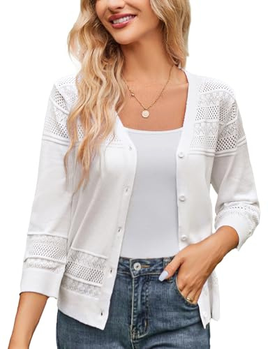 GRACE KARIN Summer Women's 3/4 Sleeve Button Cropped Bolero Shrug Cardigan Open Front Lightweight Sweaters Ivory White M