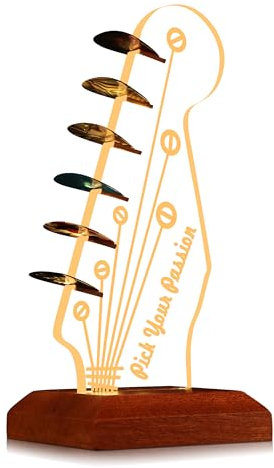 CoolGift Mart Light Up Gitarren-Pick-Halter, Acryl E-Gitarre Kopfplatte geformt Pick-Halter mit hölzernen Basis für Picks Lagerung und Anzeige, Geschenk für Gitarrenspieler Gitarristen