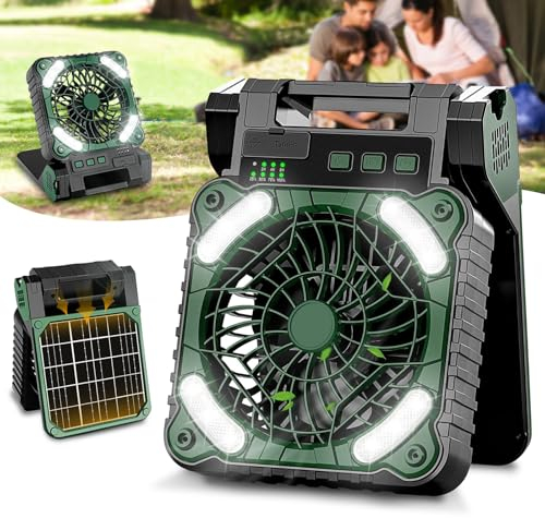 AKOFIC Camping Ventilator mit Akku 10400mAh, Solar Ventilator Outdoor mit LED-Licht, 4 Geschwindigkeiten Tragbarer Tischventilator Leise, Wiederaufladbarer Zelt Ventilator für Camping Reisen Angeln