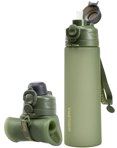TakeToday Collapsible Water Bottles 21oz (600mL), Foldable Platinum Silicone Travel Water Bottle with Straw & Carry Strap, Leak-Resistant Screw Lid, Wide Mouth, BPA-Free for Hiking, Camping, Travel