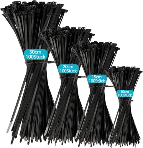 400 Stück Kabelbinder Schwarz Set, 100/150/200/300mm Nylon Wiederverwendbare & UV Beständig Selbsthemmend Hochbelastbare für Kabelmanagement Gartenarbeit Wohnen Werkstätten Hochbelastbar