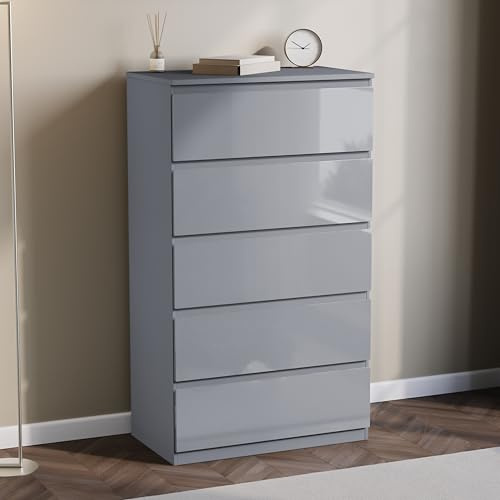Vida Designs Glinton 5 Drawer Chest of Drawers | Grey | 112H x 70W x 40D cm | Stylish High-Gloss | Space-Saving Storage | Smooth Metal Runner | Easy Assembly | Modern Bedroom Furniture Unit