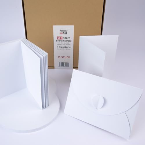 PresentFill® - blanko Falt-Karten inkl. Briefumschläge mit Herz Verschluß - 25er Set - Diamant Weiß - Klappkarten zum selbst gestalten, beschriften oder bedrucken - DIN A6 / C6