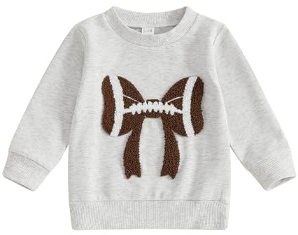 Karuedoo Toddler Baby Girl Football Outfit Football Bow Embroidery Crewneck Pullover Sweatshirt Long Sleeve Shirts Fall Tops (Gray, 3-4 Years)