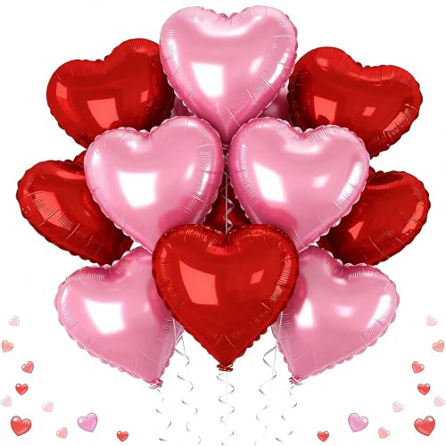 Ballon Coeur Rouge Rose, 12pcs Forme de Coeur Ballons Rose, Ballons en Aluminium Coeur Rose, Rouge Ballon Coeur Helium pour Anniversaire, Mariage, Engagement, Douche de bébé, Valentine Décoration