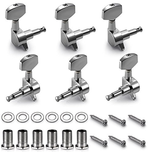 Wjelet 6 PCS 3L3R Guitar Tuning Pegs, Chrome Sealed Locking Tuners Machine Heads, 45° Bevel Knob Silver Replacement Parts for Acoustic & Electric Guitar