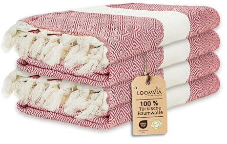 Loomvia | 4-pack | hamam-handduk stor 100 x 180 tillverkad av 100 % bomull – strandhandduk, bastuhandduk, bastuhandduk | absorberande och lätt | bastuhandduk kvinnor och män för strand, bastu, bad |