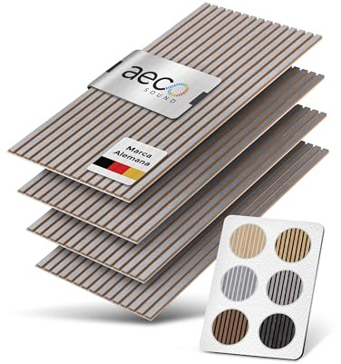 Aeco Sound® - Panneaux Acoustiques En Bois, 4 Pièces De 120x60 cm (= 2,88m²) - Feutre Acoustique (Gris) & Placage En Bois Véritable (Poirier) - Revêtement Mural 3D, Isolation Phonique