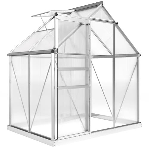 Outsunny 6 x 4ft Polycarbonate Greenhouse, Large Walk-In Greenhouse with Adjustable Roof Vent, Garden Green House with Galvanised Base, Sliding Door and Rain Gutter, Silver Tone