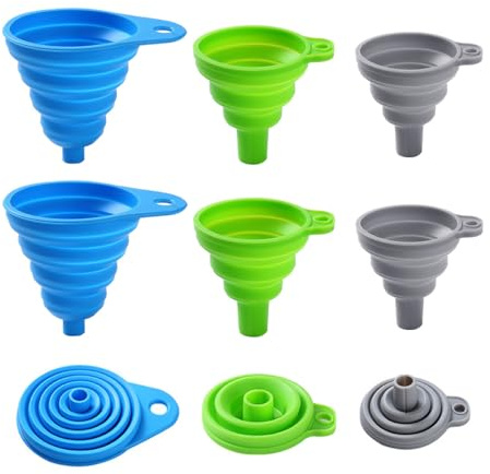 6 Pack Silicone Collapsible Funnels for Kitchen Use Filling Bottles, 3 Small and 3 Large Food Grade Kitchen Funnel Set for Filling Water, Oil, Spices, Powder – Silicone Funnels with Hook for Storage