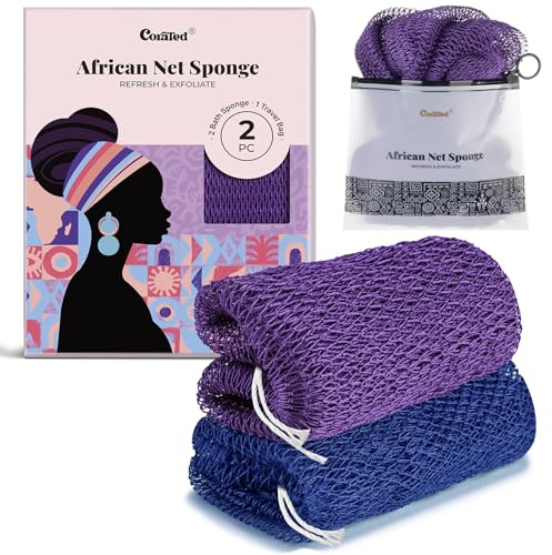 CORATED 2 pezzi Rete Africana per Esfoliazione, Reti Spugnetta per il Bagno, Pulizia Estetica della Pelle per Doccia e SPA (Blu e Viola)