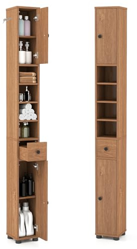 GIANTEX Armario de Baño Alto, Mueble Columna con 2 Puertas, 1 Cajón y 4 Estantes Abiertos, 20x20x180cm, Estantes Ajustables, Mueble Auxiliar Estrecho para Salón, Dormitorio (Natural)