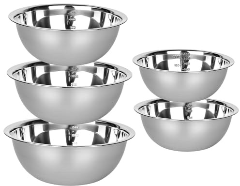 YHNDECO 5 Piece Stainless Steel Mixing Bowl, Space Saving Nesting Bowls Mixing Bowls with Measurement Markers for Baking Cooking Serving Food/Salad(0.58L,0.9L,1.6L,2.05L,2.6L)