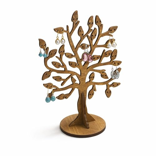 Portagioie in legno a forma di albero, supporto per orecchini, con 29 fori, altezza 24 cm, espositore in legno naturale oliato per collane, anelli e accessori, compatto per riporre gioielli da tavolo