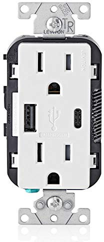 Leviton Type A & Type-C USB In-Wall Charger with 15A Tamper-Resistant Outlet, USB Charger for Smartphones and Tablets, Not for Laptops, T5633-W, White