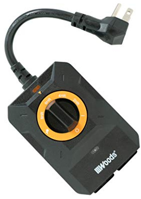 Woods 50122WD Outdoor Dusk to Dawn Lighting Timer; 2 Grounded Outlets; Black; Light Sensor with 2-8 Hour Countdown; Repeats Daily for Holiday Lighting; Outdoor Decor