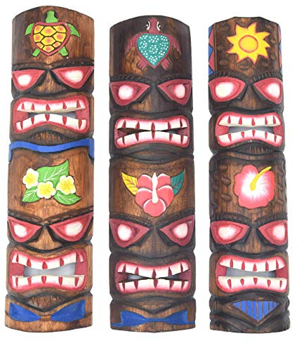 Interlifestyle 3 Tiki Totem Masken 50cm im Hawaii Style 3er Set Holzmaske Wandmaske Blumen Schildkröte