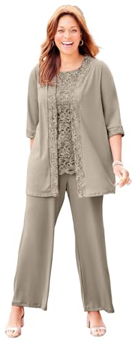 Catherines Women's Plus Size 3-Piece Lace Gala Pant Suit - 24 W, Chai Latte